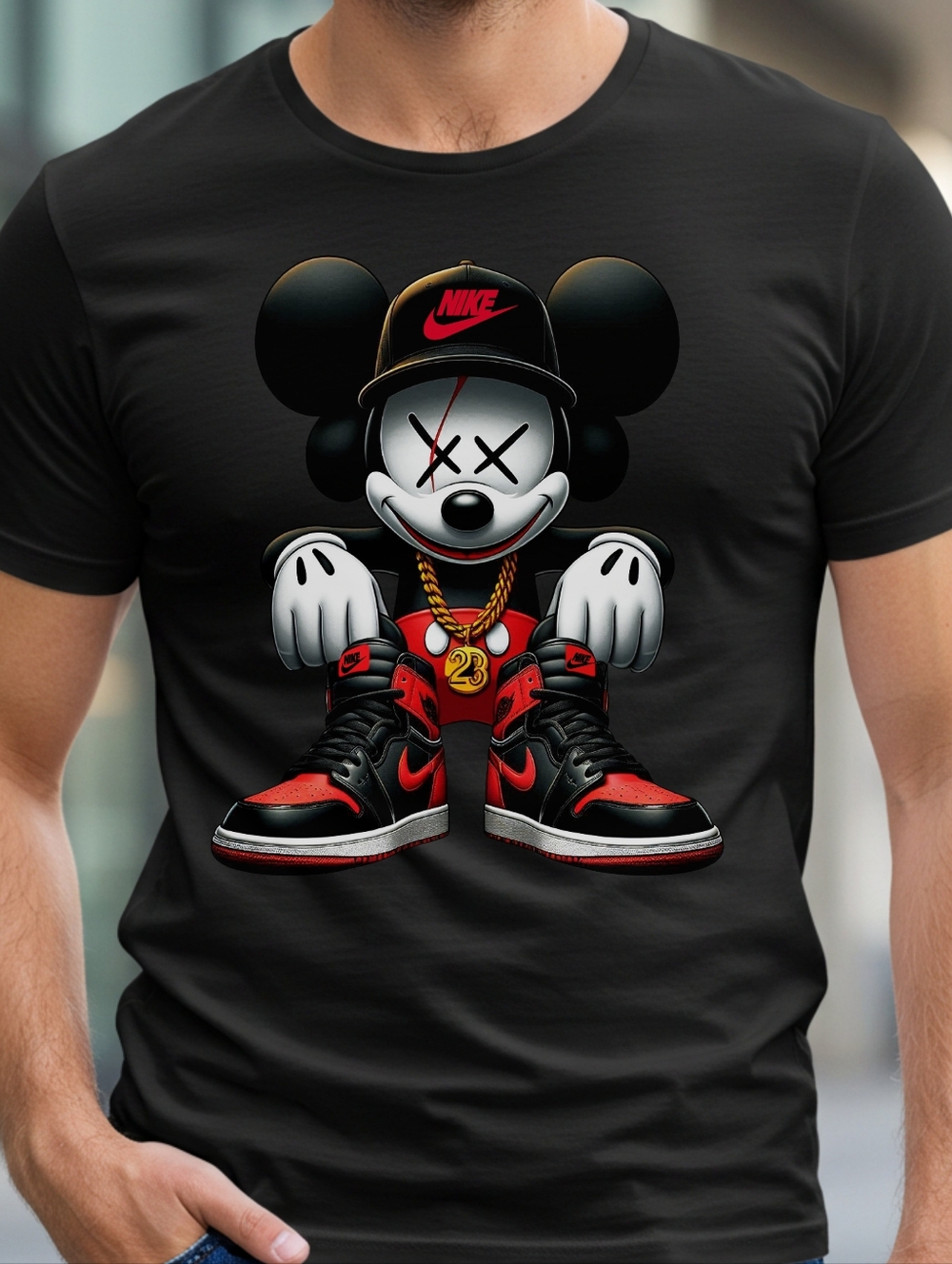 Gildan Black Tee with Red and White Street-Style Cartoon Sneaker Graphic